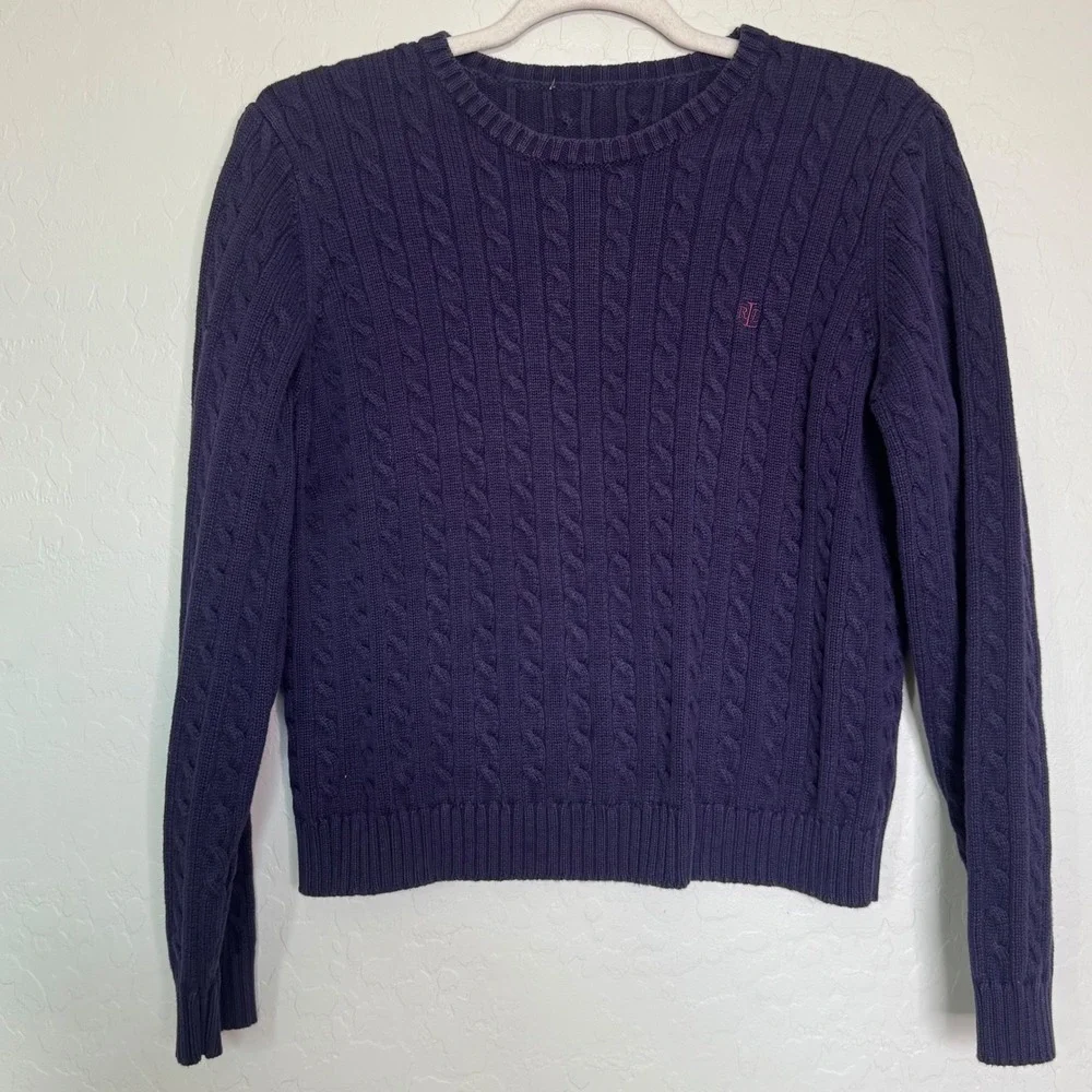 Ralph Lauren Womens Cotton Sweater S Purple Cable Knit Pullover Preppy Old Money